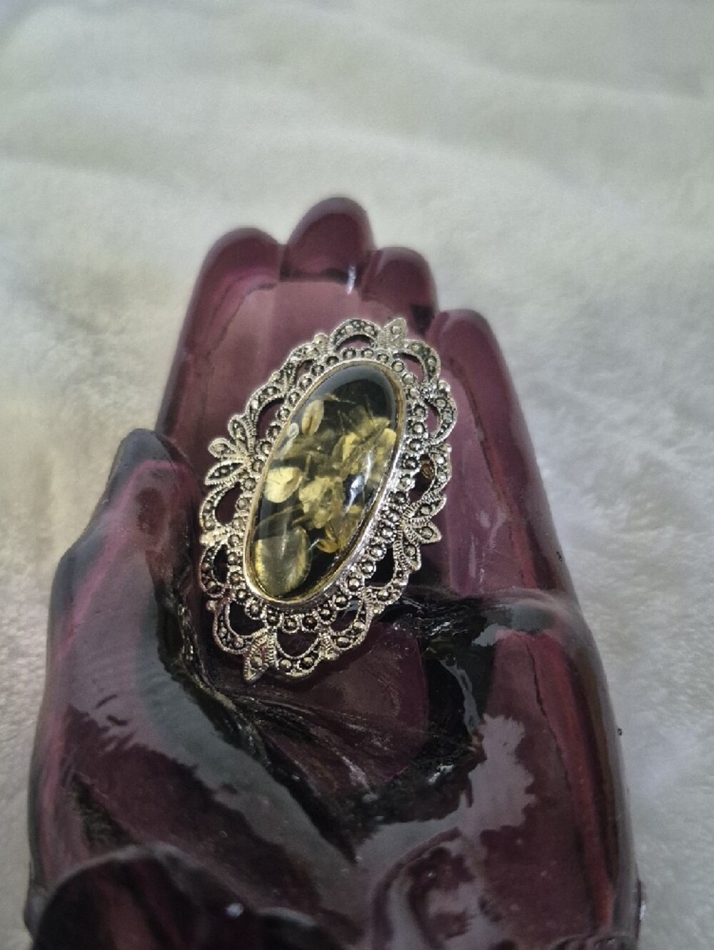 Antique Green Amber Marcasite Brooch